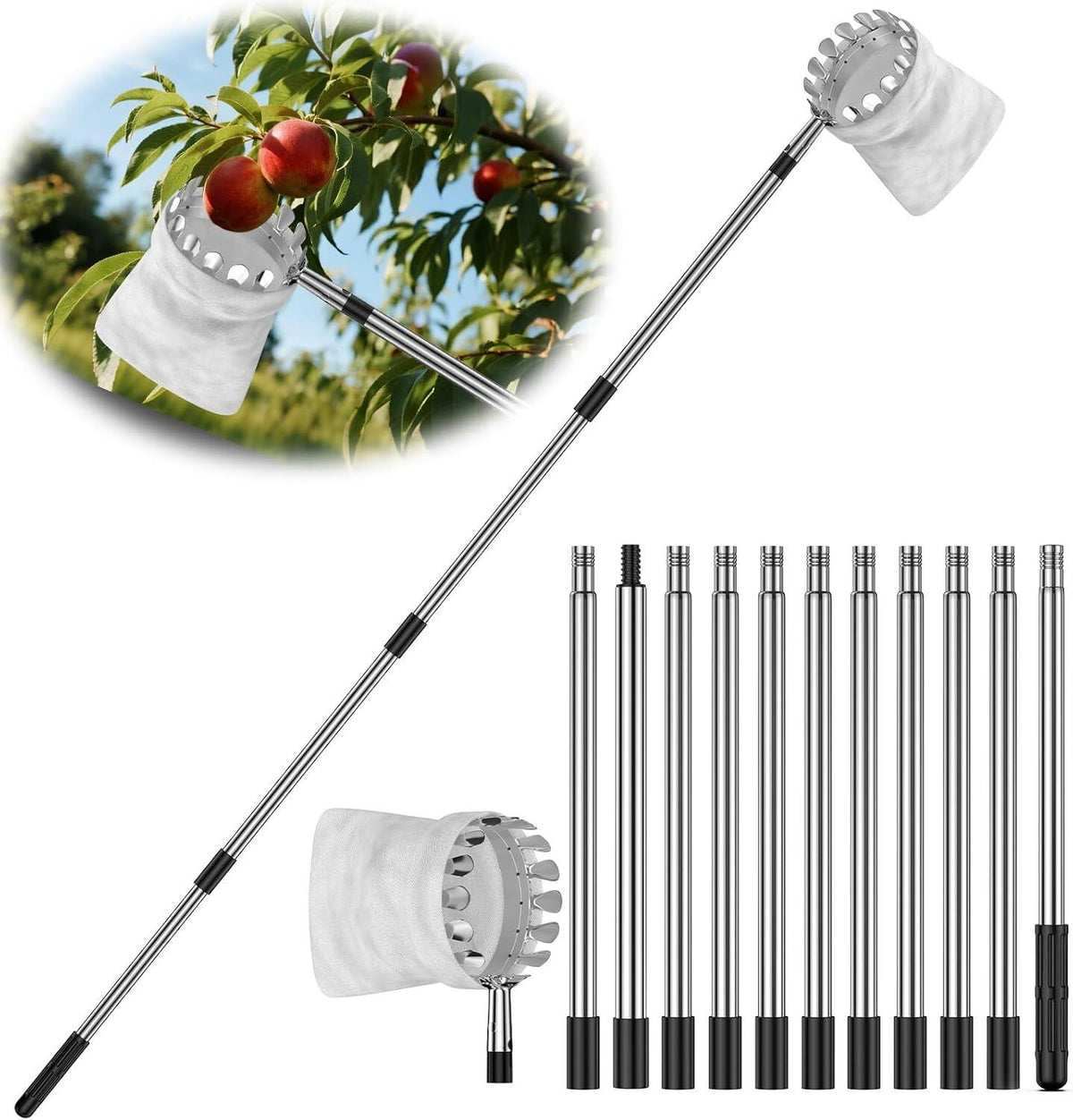 Fruit Picker Tool with Stainless Steel Pole & Soft Basket