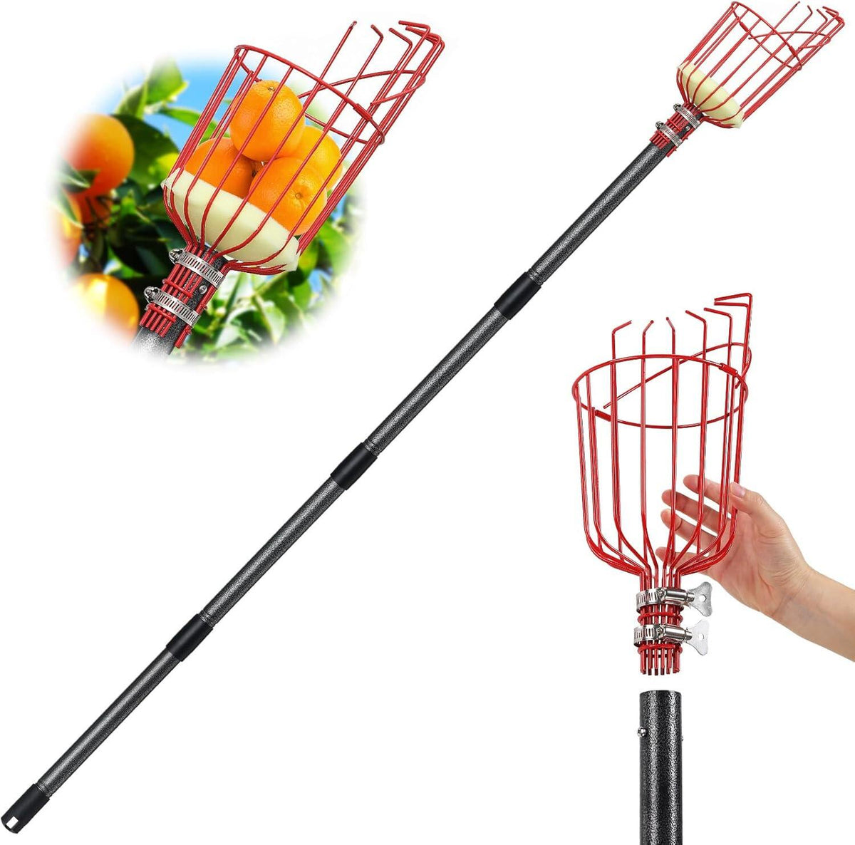 Fruit Picker Tool with Basket & Adjustable Stainless Steel Pole